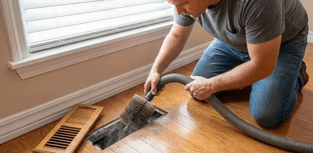 Air duct cleaning technician vacuuming a floor vent and duct opening in Sioux Falls, SD