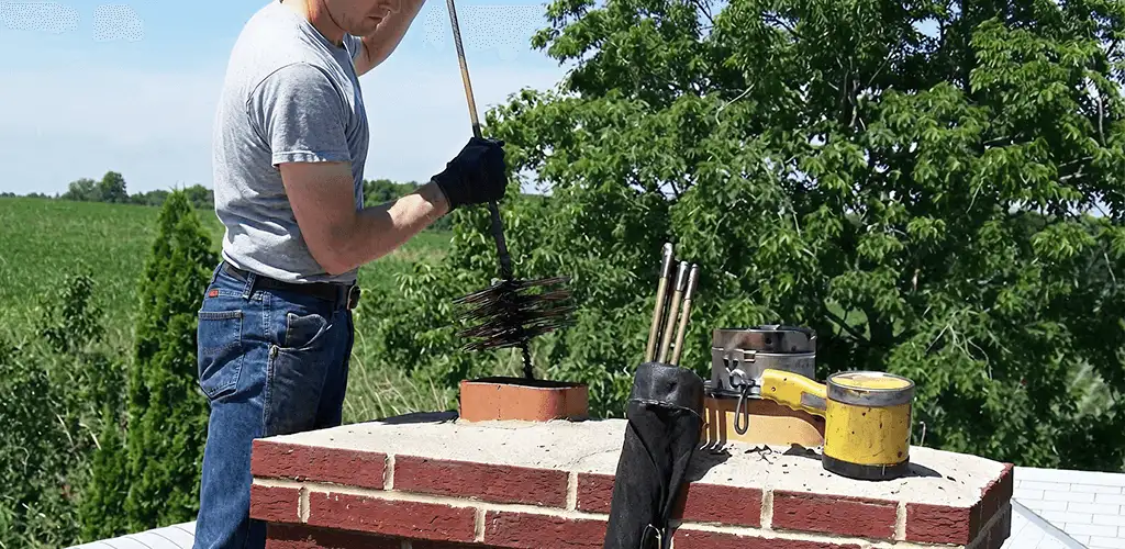Chimney cleaning technician working on a rooftop chimney with professional tools in Sioux Falls, SD