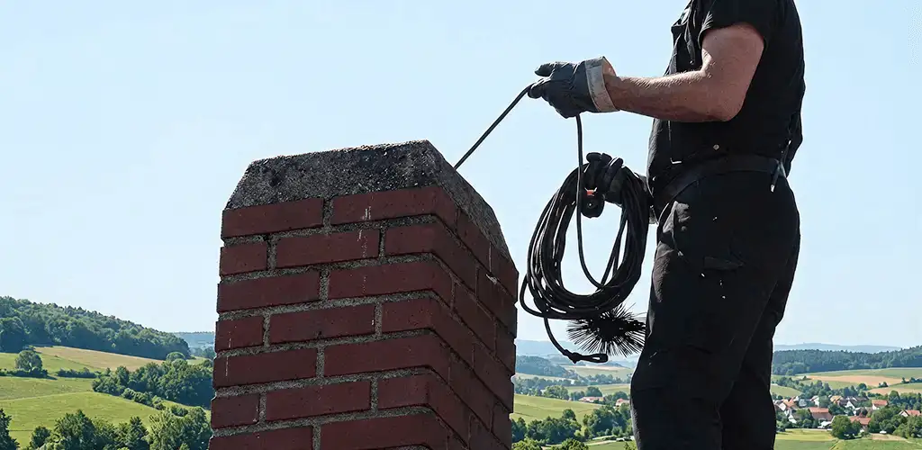 Chimney sweep inspecting and cleaning a rooftop chimney in Sioux Falls, SD