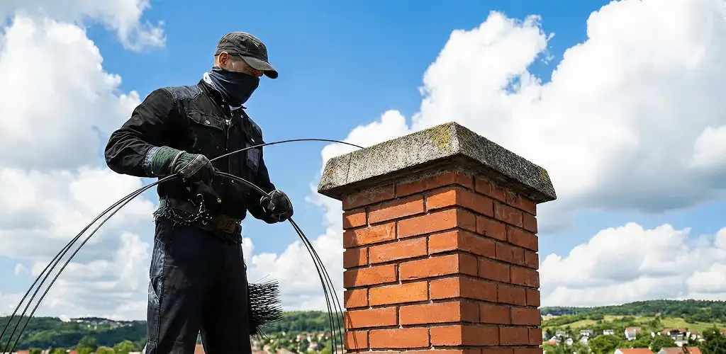Chimney sweep cleaning a brick chimney with professional tools in Sioux Falls, SD