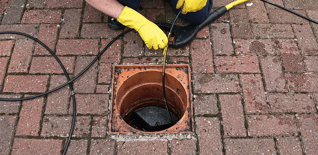 Drain cleaning technician using a drain snake to clear a clogged drain in Sioux Falls, SD
