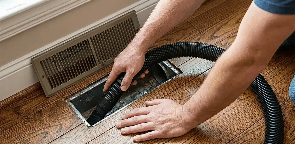 Air duct cleaning technician vacuuming a floor register and duct opening in Sioux Falls, SD