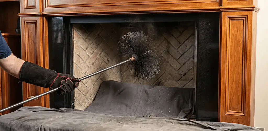 Chimney cleaning service brushing soot from a fireplace and flue in Sioux Falls, SD