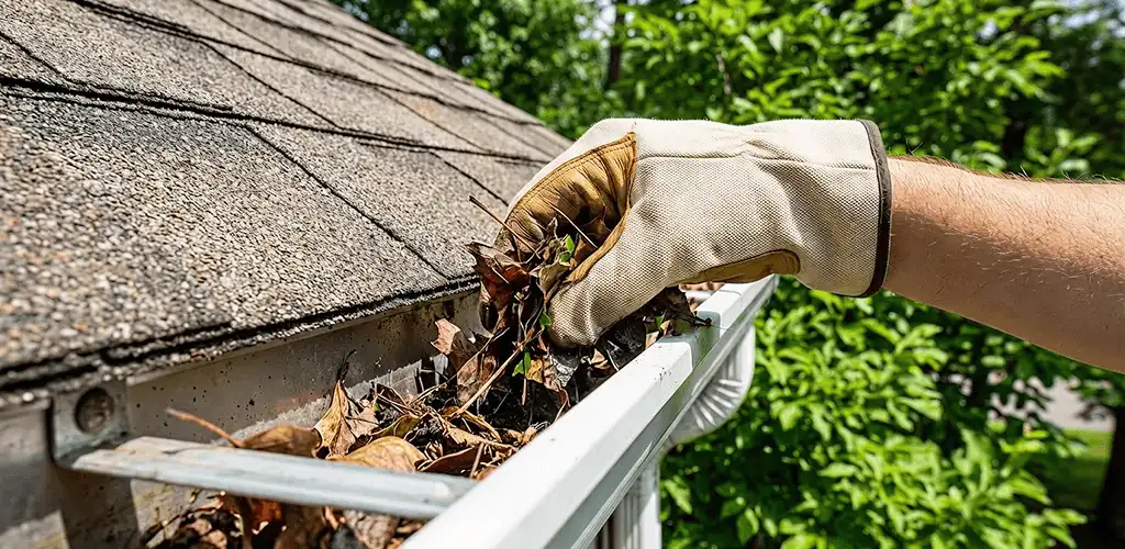 Gutter cleaning removing leaves and debris from roof gutters in Sioux Falls, SD