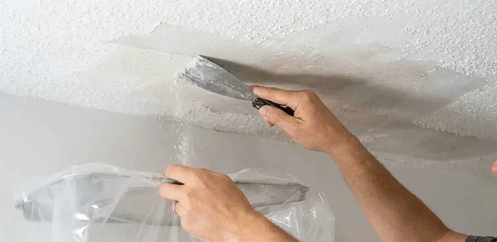 Popcorn ceiling removal technician scraping texture from a ceiling in Sioux Falls, SD