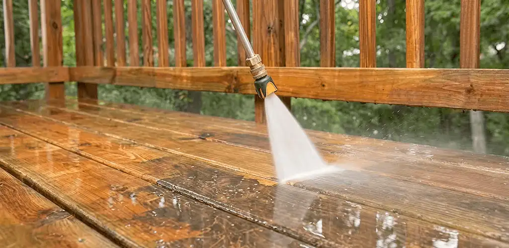 Pressure washing a wood deck to remove dirt and buildup in Sioux Falls, SD