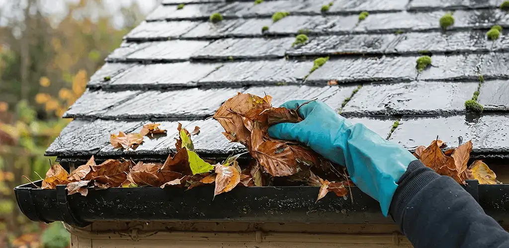 Gutter cleaning technician clearing wet leaves from roof gutters in Sioux Falls, SD