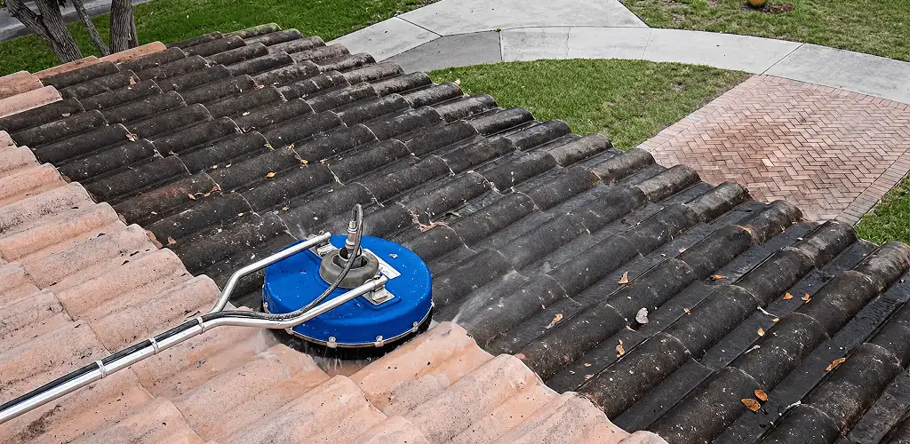 Roof pressure cleaning removing debris and buildup from roof tiles in Sioux Falls, SD