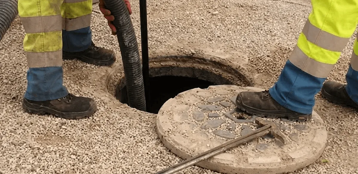 Drain cleaning crew clearing a sewer access point with professional equipment in Sioux Falls, SD