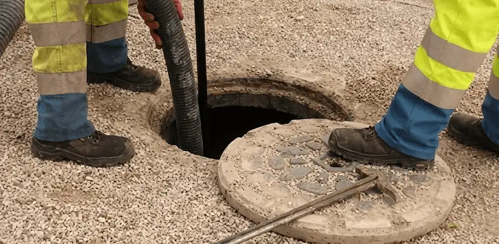 Drain cleaning crew clearing a sewer access point with professional equipment in Sioux Falls, SD