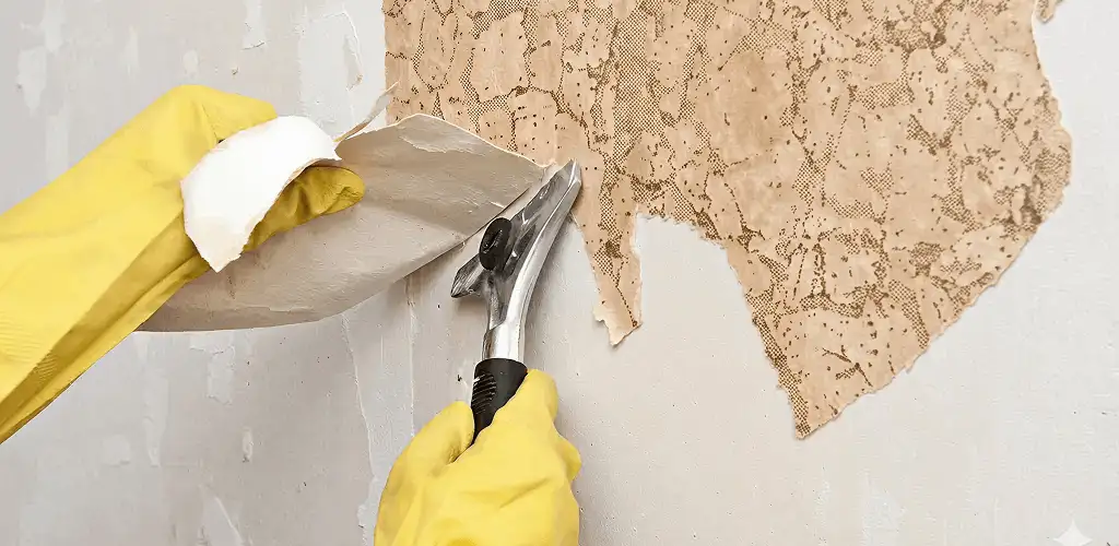 Wallpaper removal service stripping old wallpaper from a wall in Sioux Falls, SD